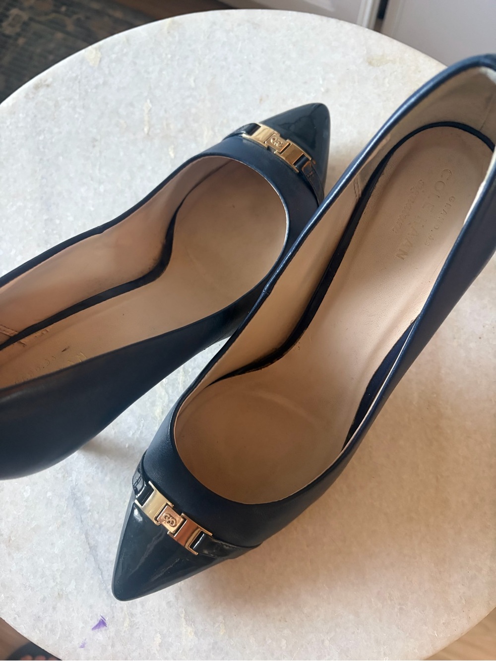 Cole Haan Navy Pointed Toe Heels with Gold Accent